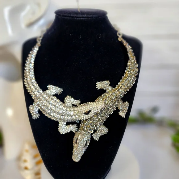 Large Statement Silver with Cubic Zirconia Crystals Double Alligator Necklace - Picture 1 of 9
